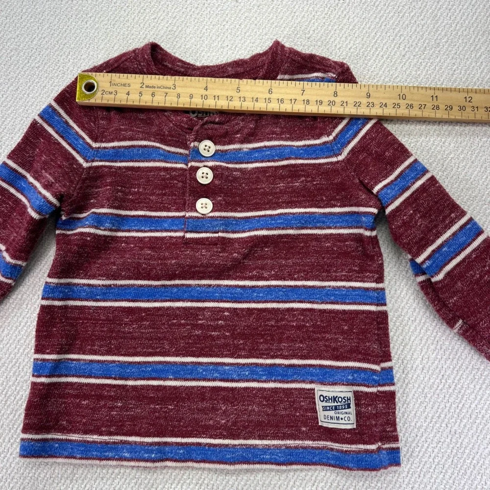 OshKosh B'gosh Henley Shirt Baby Boys 9M Maroon Blue Striped Long Sleeve Top